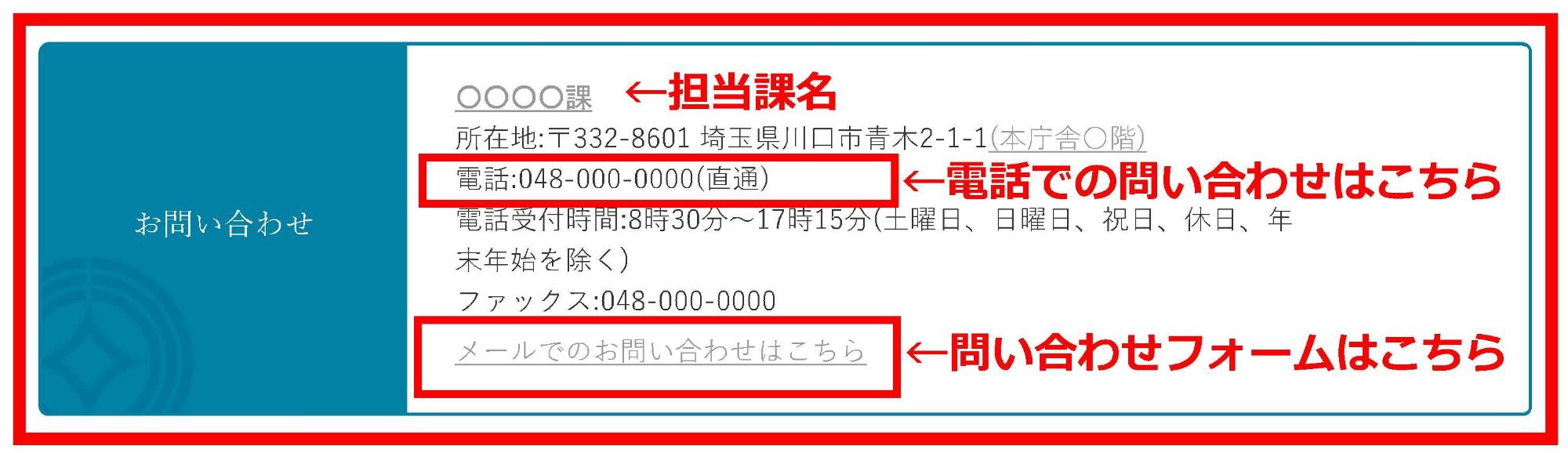 ページ作成担当課は、各ページ下部の「お問い合わせ先」に記載されています。